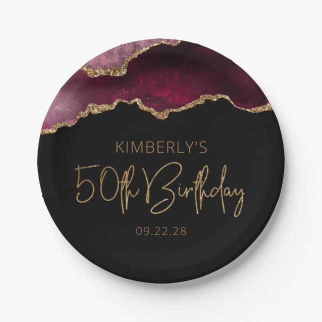 Chic Agate Geode Burgundy Gold 50th Birthday Party Paper Plate (Front)