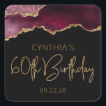 Chic Agate Geode Burgundy Gold 60th Birthday Party Square Sticker<br><div class="desc">These chic, glamourous 60th birthday party stickers feature a watercolor image of an agate geode in shades of burgundy red with faux gold glitter highlights. The words "60th Birthday" appear in faux gold glitter in a decorative modern handwriting font. Customize them with the name of the honoree and the date...</div>