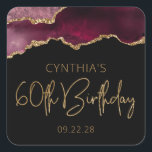 Chic Agate Geode Burgundy Gold 60th Birthday Party Square Sticker<br><div class="desc">These chic, glamourous 60th birthday party stickers feature a watercolor image of an agate geode in shades of burgundy red with faux gold glitter highlights. The words "60th Birthday" appear in faux gold glitter in a decorative modern handwriting font. Customize them with the name of the honoree and the date...</div>