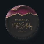 Chic Agate Geode Burgundy Gold 70th Birthday Party Paper Plate<br><div class="desc">These chic, glamourous 70th birthday party paper plates feature a watercolor image of an agate geode in shades of burgundy red with faux gold glitter highlights. The words "70th Birthday" appear in faux gold glitter in a decorative modern handwriting font. Customize it with the name of the honoree and the...</div>