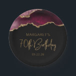 Chic Agate Geode Burgundy Gold 70th Birthday Party Paper Plate<br><div class="desc">These chic, glamourous 70th birthday party paper plates feature a watercolor image of an agate geode in shades of burgundy red with faux gold glitter highlights. The words "70th Birthday" appear in faux gold glitter in a decorative modern handwriting font. Customize it with the name of the honoree and the...</div>