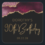 Chic Agate Geode Burgundy Gold 90th Birthday Party Square Sticker<br><div class="desc">These chic, glamourous 90th birthday party stickers feature a watercolor image of an agate geode in shades of burgundy red with faux gold glitter highlights. The words "90th Birthday" appear in faux gold glitter in a decorative modern handwriting font. Customize them with the name of the honoree and the date...</div>