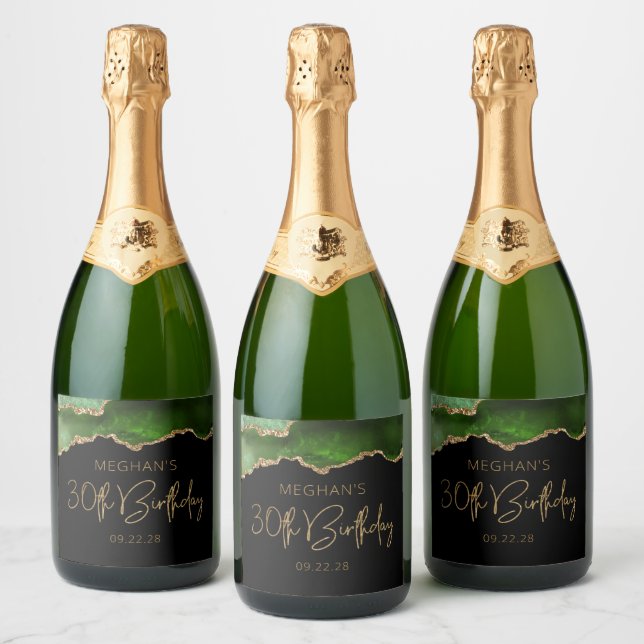 Chic Agate Geode Green Gold 30th Birthday Party Sparkling Wine Label (Bottles)