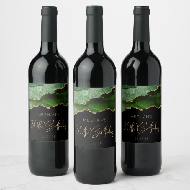 Chic Agate Geode Green Gold 30th Birthday Party Wine Label (Bottles)