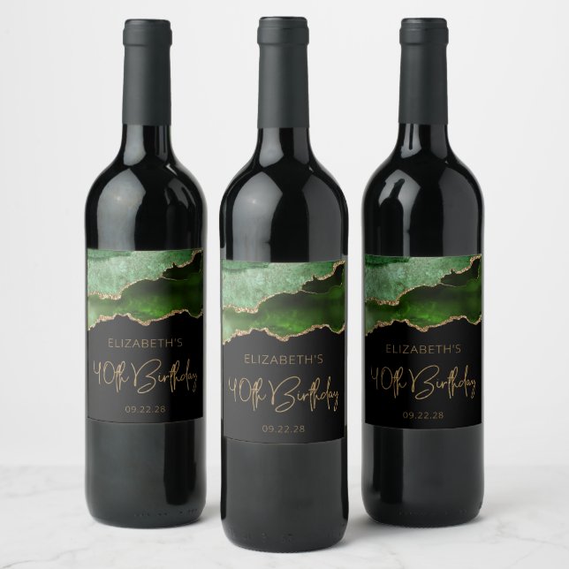 Chic Agate Geode Green Gold 40th Birthday Party Wine Label (Bottles)