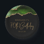 Chic Agate Geode Green Gold 70th Birthday Party Paper Plate<br><div class="desc">These chic, glamourous 70th birthday party paper plates feature a watercolor image of an agate geode in shades of green with faux gold glitter highlights. The words "70th Birthday" appear in faux gold glitter in a decorative modern handwriting font. Customize it with the name of the guest of honour and...</div>