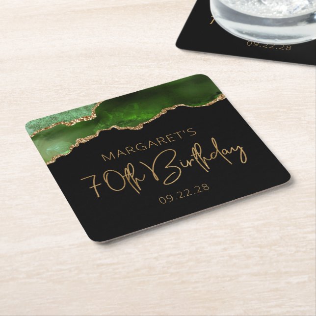 Chic Agate Geode Green Gold 70th Birthday Party Square Paper Coaster (Angled)