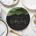 Chic Agate Geode Hunter Green Gold Birthday Party Paper Plate<br><div class="desc">These chic, glamourous birthday party paper plates feature a watercolor image of an agate geode in shades of hunter green with faux gold glitter highlights. The words "Birthday Party" appear in faux gold glitter in a decorative modern handwriting font. Customize it with the name of the guest of honour and...</div>