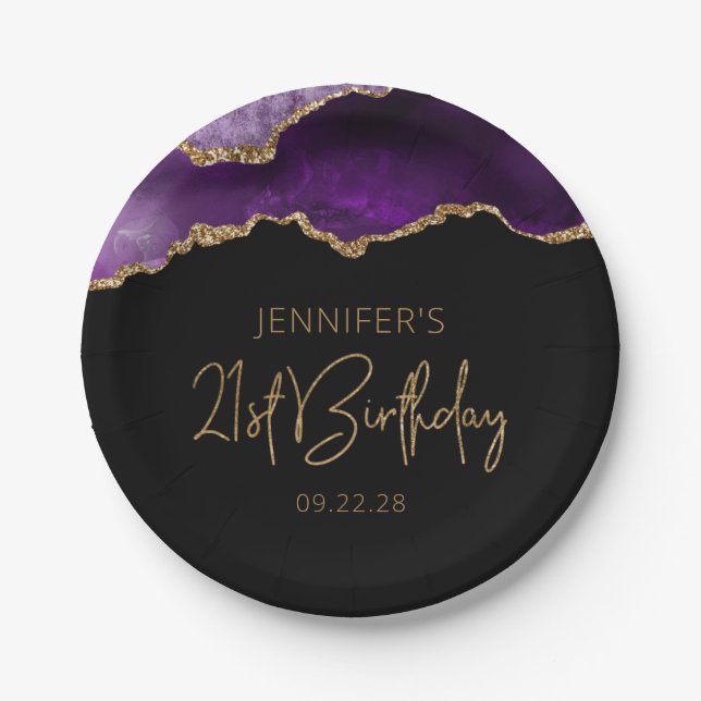 Chic Agate Geode Purple Gold 21st Birthday Party Paper Plate (Front)