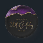 Chic Agate Geode Purple Gold 30th Birthday Party Paper Plate<br><div class="desc">These chic, glamourous 30th birthday party paper plates feature a watercolor image of an agate geode in shades of purple with faux gold glitter highlights. The words "30th Birthday" appear in faux gold glitter in a decorative modern handwriting font. Customize it with the name of the honoree and the date...</div>