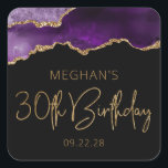 Chic Agate Geode Purple Gold 30th Birthday Party Square Sticker<br><div class="desc">These chic, glamourous 30th birthday party stickers feature a watercolor image of an agate geode in shades of purple with faux gold glitter highlights. The words "30th Birthday" appear in faux gold glitter in a decorative modern handwriting font. Customize them with the name of the honoree and the date in...</div>