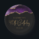 Chic Agate Geode Purple Gold 40th Birthday Party Paper Plate<br><div class="desc">These chic, glamourous 40th birthday party paper plates feature a watercolor image of an agate geode in shades of purple with faux gold glitter highlights. The words "40th Birthday" appear in faux gold glitter in a decorative modern handwriting font. Customize it with the name of the honoree and the date...</div>