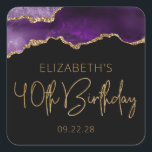 Chic Agate Geode Purple Gold 40th Birthday Party Square Sticker<br><div class="desc">These chic, glamourous 40th birthday party stickers feature a watercolor image of an agate geode in shades of purple with faux gold glitter highlights. The words "40th Birthday" appear in faux gold glitter in a decorative modern handwriting font. Customize them with the name of the honoree and the date in...</div>