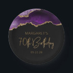 Chic Agate Geode Purple Gold 70th Birthday Party Paper Plate<br><div class="desc">These chic, glamourous 70th birthday party paper plates feature a watercolor image of an agate geode in shades of purple with faux gold glitter highlights. The words "70th Birthday" appear in faux gold glitter in a decorative modern handwriting font. Customize it with the name of the honoree and the date...</div>