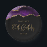 Chic Agate Geode Purple Gold 80th Birthday Party Paper Plate<br><div class="desc">These chic, glamourous 80th birthday party paper plates feature a watercolor image of an agate geode in shades of purple with faux gold glitter highlights. The words "80th Birthday" appear in faux gold glitter in a decorative modern handwriting font. Customize it with the name of the honoree and the date...</div>