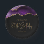 Chic Agate Geode Purple Gold 80th Birthday Party Paper Plate<br><div class="desc">These chic, glamourous 80th birthday party paper plates feature a watercolor image of an agate geode in shades of purple with faux gold glitter highlights. The words "80th Birthday" appear in faux gold glitter in a decorative modern handwriting font. Customize it with the name of the honoree and the date...</div>