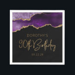 Chic Agate Geode Purple Gold 90th Birthday Napkin<br><div class="desc">These chic, glamourous 90th birthday party paper napkins feature a watercolor image of an agate geode in shades of purple with faux gold glitter highlights. The words "90th Birthday" appear in faux gold glitter in a decorative modern handwriting font. Customize it with the name of the honoree and the date...</div>