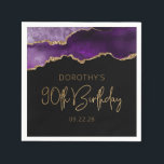 Chic Agate Geode Purple Gold 90th Birthday Napkin<br><div class="desc">These chic, glamourous 90th birthday party paper napkins feature a watercolor image of an agate geode in shades of purple with faux gold glitter highlights. The words "90th Birthday" appear in faux gold glitter in a decorative modern handwriting font. Customize it with the name of the honoree and the date...</div>