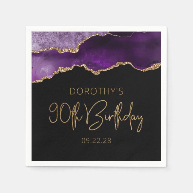 Chic Agate Geode Purple Gold 90th Birthday Napkin (Front)
