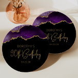 Chic Agate Geode Purple Gold 90th Birthday Party Paper Plate<br><div class="desc">These chic, glamourous 90th birthday party paper plates feature a watercolor image of an agate geode in shades of purple with faux gold glitter highlights. The words "90th Birthday" appear in faux gold glitter in a decorative modern handwriting font. Customize it with the name of the honoree and the date...</div>