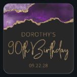 Chic Agate Geode Purple Gold 90th Birthday Party Square Sticker<br><div class="desc">These chic, glamourous 90th birthday party stickers feature a watercolor image of an agate geode in shades of purple with faux gold glitter highlights. The words "90th Birthday" appear in faux gold glitter in a decorative modern handwriting font. Customize them with the name of the honoree and the date in...</div>
