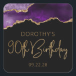 Chic Agate Geode Purple Gold 90th Birthday Party Square Sticker<br><div class="desc">These chic, glamourous 90th birthday party stickers feature a watercolor image of an agate geode in shades of purple with faux gold glitter highlights. The words "90th Birthday" appear in faux gold glitter in a decorative modern handwriting font. Customize them with the name of the honoree and the date in...</div>