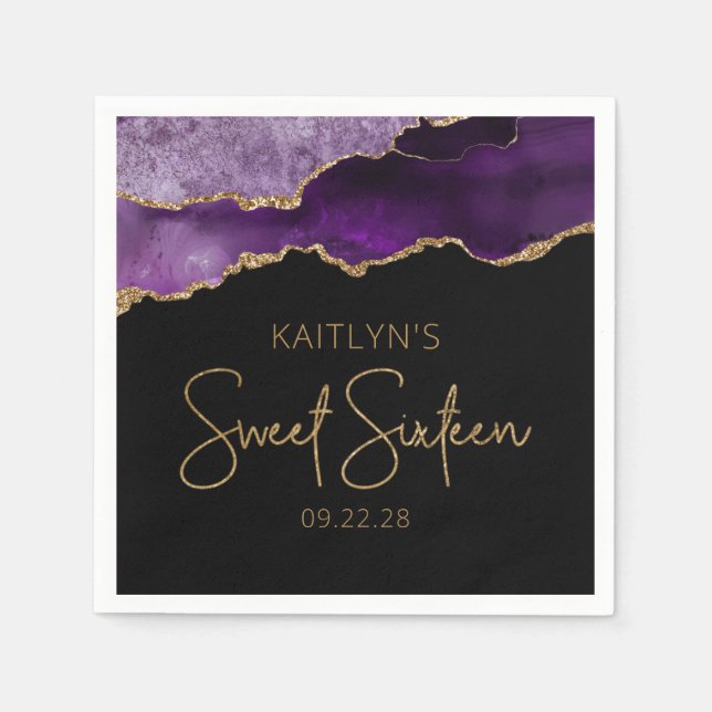 Chic Agate Geode Purple Gold Sweet 16 Birthday Napkin (Front)