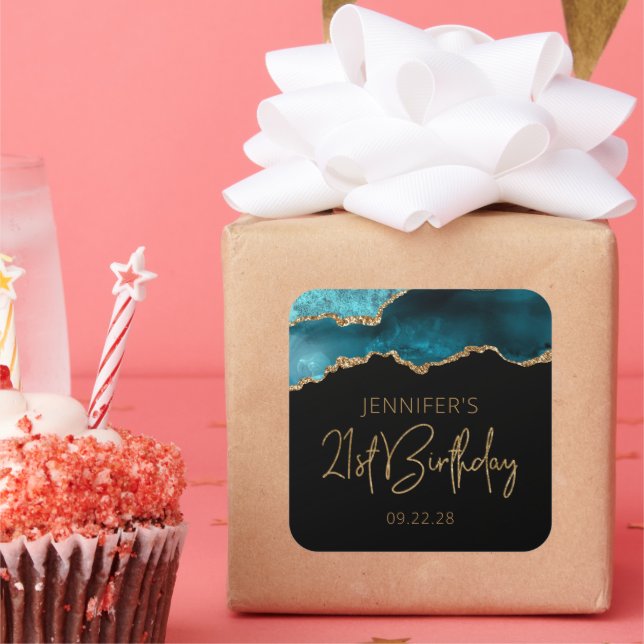 Chic Agate Geode Teal Gold 21st Birthday Party Square Sticker (Party)