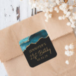 Chic Agate Geode Teal Gold 21st Birthday Party Square Sticker<br><div class="desc">These chic,  glamourous 21st birthday party stickers feature a watercolor image of an agate geode in shades of teal blue with faux gold glitter highlights. The words "21st Birthday" appear in gold-coloured modern handwriting font. Add the name of the honoree and the date in gold-coloured sans serif text.</div>