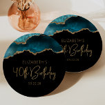 Chic Agate Geode Teal Gold 40th Birthday Party Paper Plate<br><div class="desc">These chic, glamourous 40th birthday party paper plates feature a watercolor image of an agate geode in shades of teal with faux gold glitter highlights. The words "40th Birthday" appear in faux gold glitter in a decorative modern handwriting font. Customize it with the name of the honoree and the date...</div>