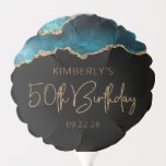 Chic Agate Geode Teal Gold 50th Birthday Party Balloon<br><div class="desc">This 50th birthday party balloon features a watercolor image of an agate geode in shades of teal blue with faux gold glitter highlights. The words "50th Birthday" appear in faux gold glitter in a decorative modern handwriting font. Customize it with the name of the honoree and the date in gold...</div>