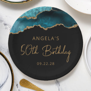 Chic Agate Geode Teal Gold 50th Birthday Party Paper Plate