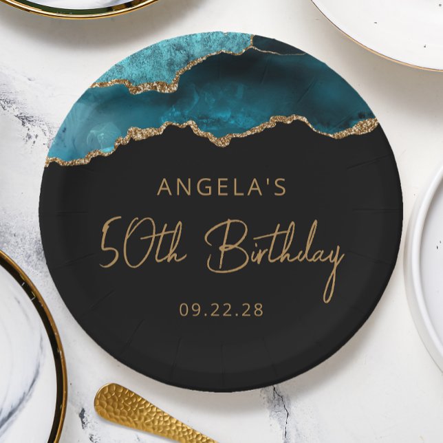Chic Agate Geode Teal Gold 50th Birthday Party Paper Plate (Creator Uploaded)