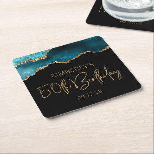 Chic Agate Geode Teal Gold 50th Birthday Party Square Paper Coaster
