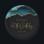 Chic Agate Geode Teal Gold 60th Birthday Party Paper Plate<br><div class="desc">These chic, glamourous 60th birthday party paper plates feature a watercolor image of an agate geode in shades of teal with faux gold glitter highlights. The words "60th Birthday" appear in faux gold glitter in a decorative modern handwriting font. Customize it with the name of the honoree and the date...</div>