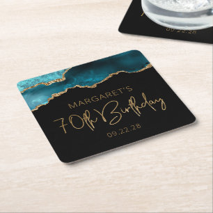Chic Agate Geode Teal Gold 70th Birthday Party Square Paper Coaster