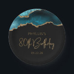 Chic Agate Geode Teal Gold 80th Birthday Party Paper Plate<br><div class="desc">These chic, glamourous 80th birthday party paper plates feature a watercolor image of an agate geode in shades of teal with faux gold glitter highlights. The words "80th Birthday" appear in faux gold glitter in a decorative modern handwriting font. Customize it with the name of the honoree and the date...</div>
