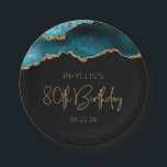 Chic Agate Geode Teal Gold 80th Birthday Party Paper Plate<br><div class="desc">These chic, glamourous 80th birthday party paper plates feature a watercolor image of an agate geode in shades of teal with faux gold glitter highlights. The words "80th Birthday" appear in faux gold glitter in a decorative modern handwriting font. Customize it with the name of the honoree and the date...</div>