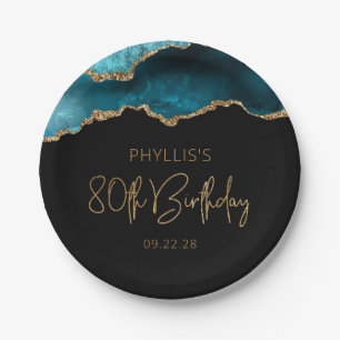 Chic Agate Geode Teal Gold 80th Birthday Party Paper Plate