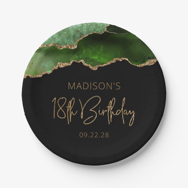 Chic Agate Hunter Green Gold 18th Birthday Party Paper Plate (Front)