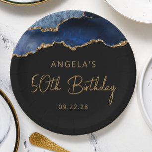 Chic Agate Navy Blue Gold 50th Birthday Party Paper Plate