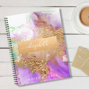 Chic agate watercolor glam gold purple aqua green notebook