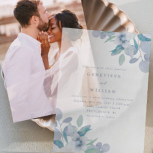Chic Airy Blue Floral Bouquet Wedding Vellum Invitations