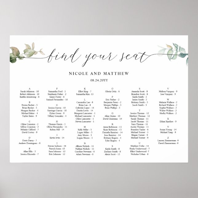 Chic Alphabetical Greenery Wedding Seating Chart (Front)