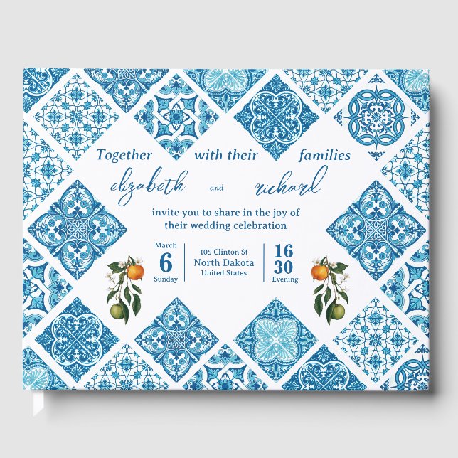 Chic Amalfi Lemon Blue Tile Mediterranean Wedding  Guest Book (Front)