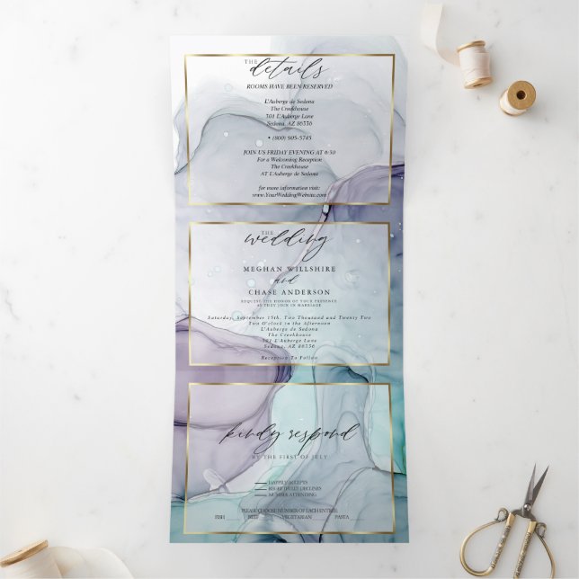Chic Amethyst Teal Abstract Ink  Tri-Fold Invitati Invitation (Inside)