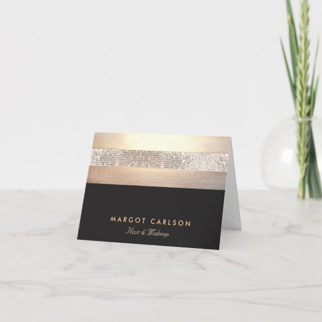 Chic and Elegant Sequin Gold Black Striped Note Card (Front)