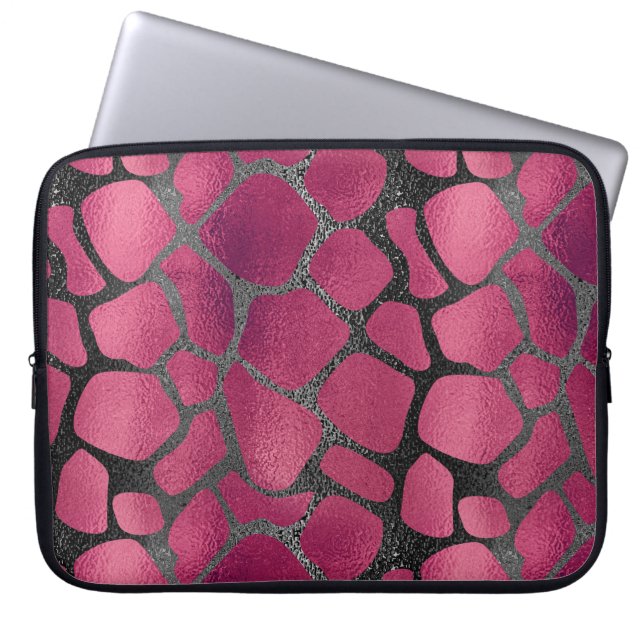 Chic and girly pink and black glitter animal print laptop sleeve (Front)
