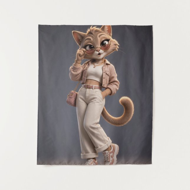 Chic and Stylish 3D Animated Cat Character Design  Tapestry (Front)