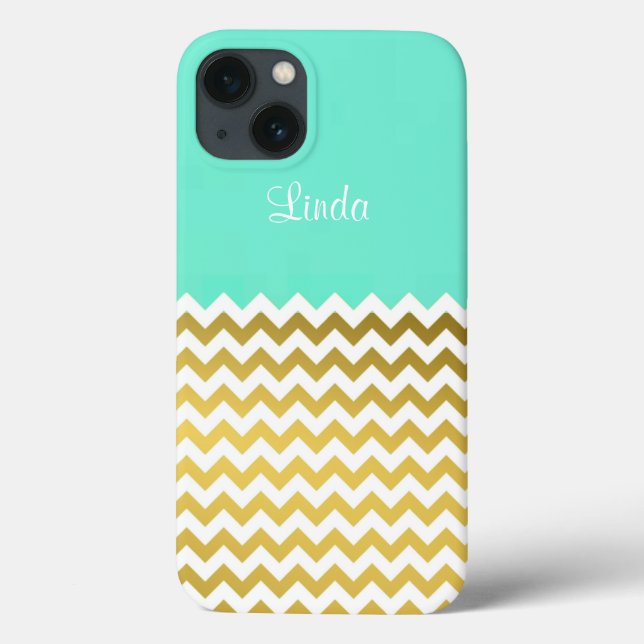 Chic and Stylish Aqua Green, Gold & White Chevron Case-Mate iPhone Case (Back)